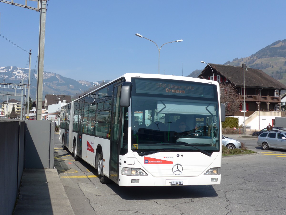 (159'327) - AAGS Schwyz - Nr. 83/SZ 118'683 - Mercedes (ex VR La Chaux-de-Fonds Nr. 227) am 18. M�rz 2015 beim Bahnhof Schwyz