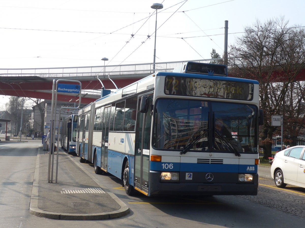 (159'360) - VBZ Z�rich - Nr. 106 - Mercedes Gelenktrolleybus am 19. M�rz 2015 in Z�rich, Bucheggplatz