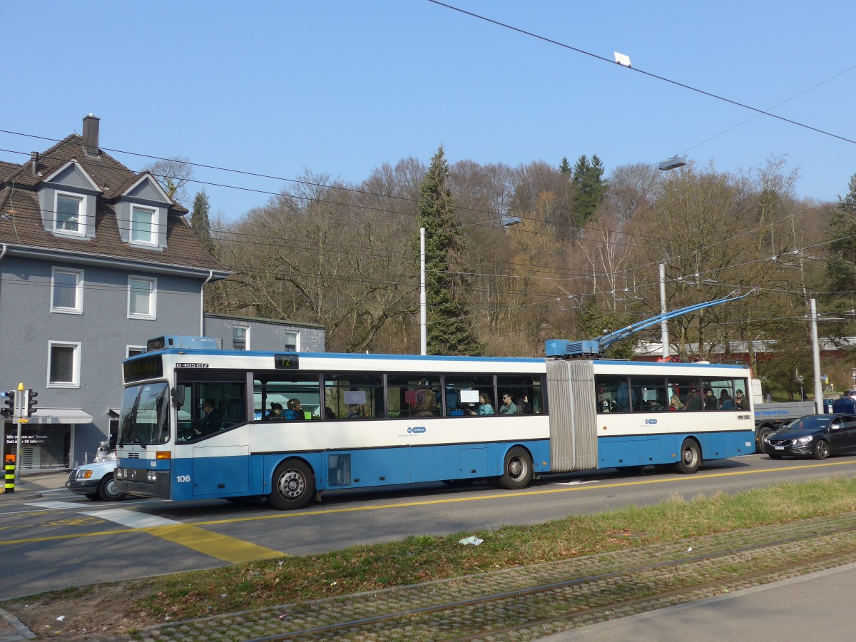 (159'361) - VBZ Z�rich - Nr. 106 - Mercedes Gelenktrolleybus am 19. M�rz 2015 in Z�rich, Bucheggplatz