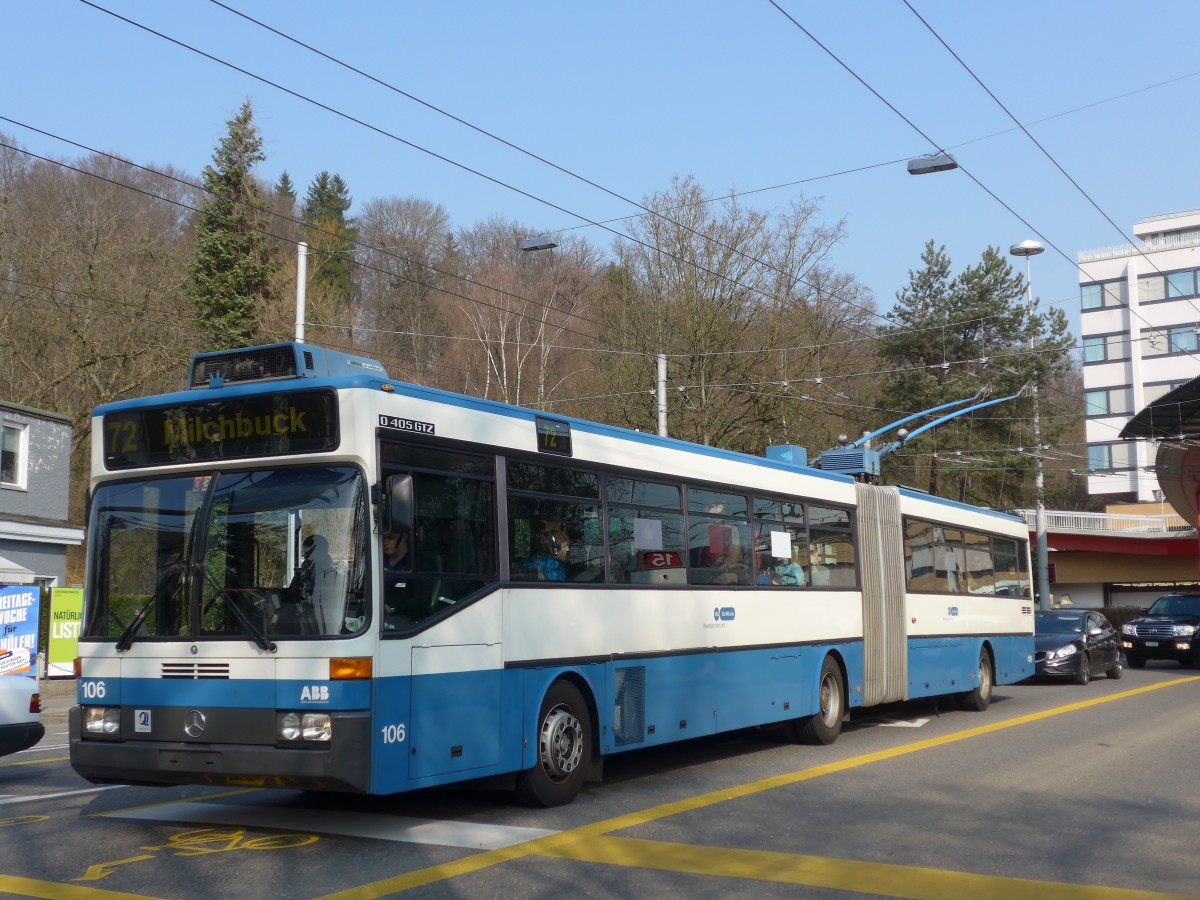 (159'362) - VBZ Z�rich - Nr. 106 - Mercedes Gelenktrolleybus am 19. M�rz 2015 in Z�rich, Bucheggplatz
