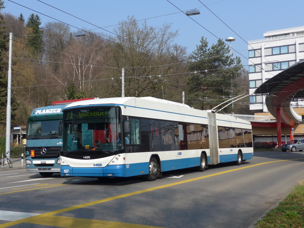 (159'398) - VBZ Z�rich - Nr. 157 - Hess/Hess Gelenktrolleybus am 19. M�rz 2015 in Z�rich, Bucheggplatz
