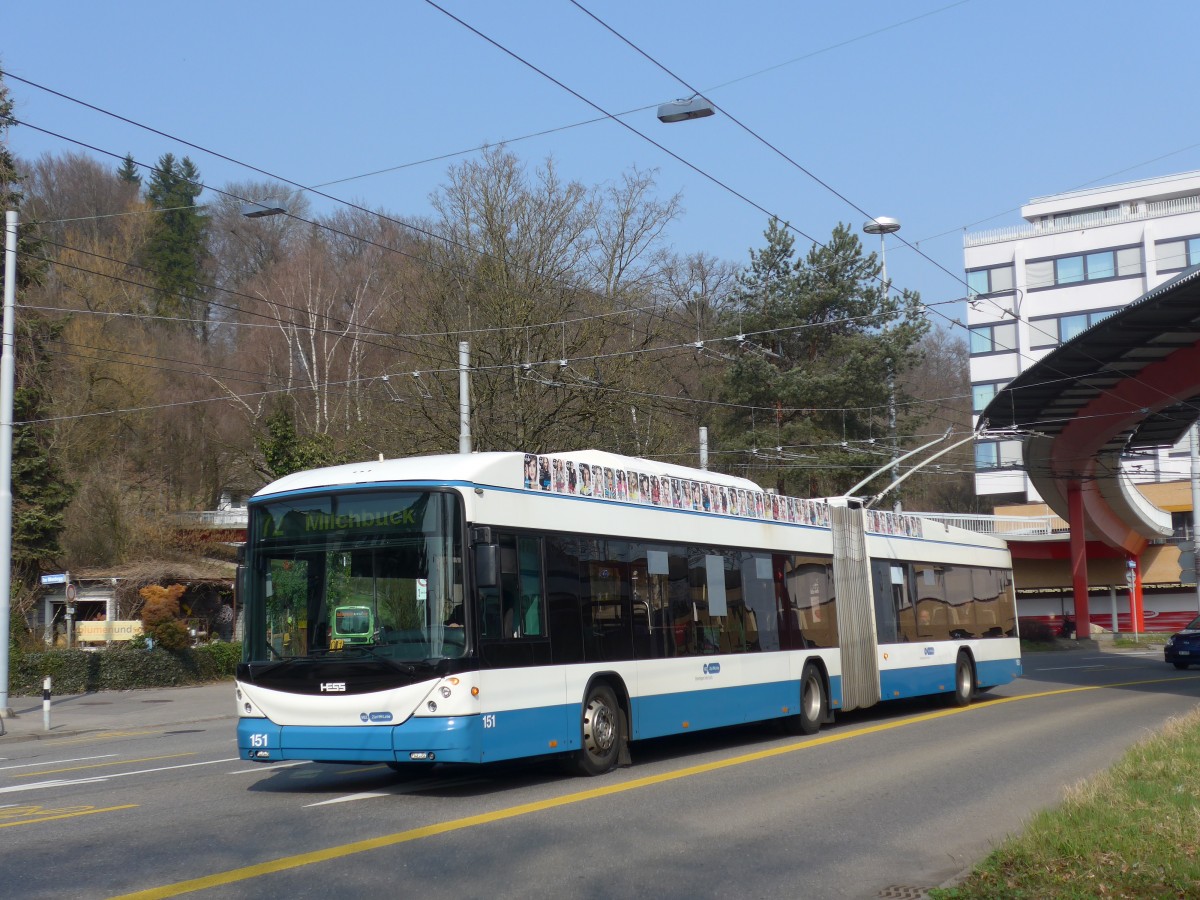 (159'400) - VBZ Z�rich - Nr. 151 - Hess/Hess Gelenktrolleybus am 19. M�rz 2015 in Z�rich, Bucheggplatz