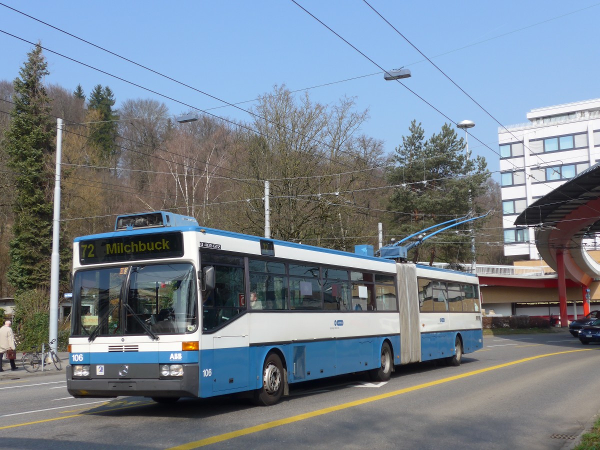 (159'408) - VBZ Z�rich - Nr. 106 - Mercedes Gelenktrolleybus am 19. M�rz 2015 in Z�rich, Bucheggplatz