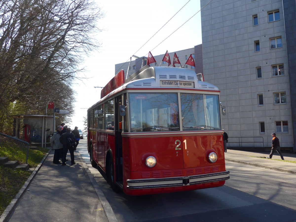 (159'485) - VB Biel - Nr. 21 - Berna/Hess Trolleybus am 28. M�rz 2015 in Biel, Vorh�lzli