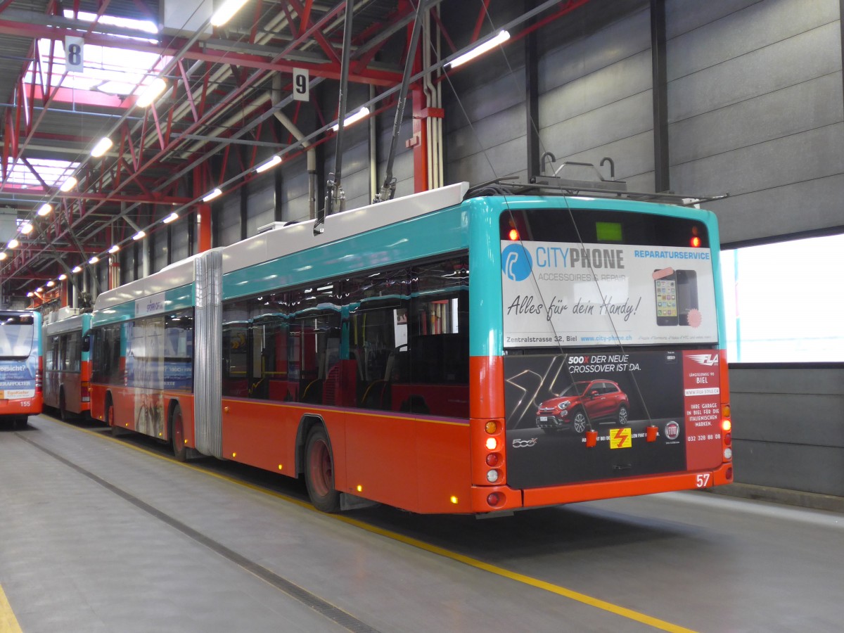 (159'511) - VB Biel - Nr. 57 - Hess/Hess Gelenktrolleybus am 28. M�rz 2015 in Biel, Depot