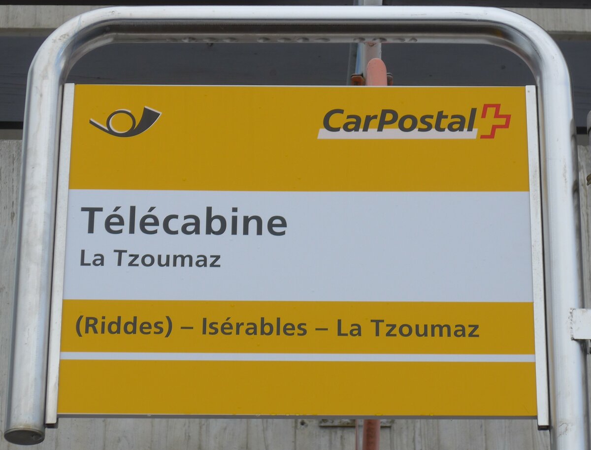(159'628) - PostAuto-Haltestellenschild - La Tzoumaz, T�l�cabine - am 5. April 2015