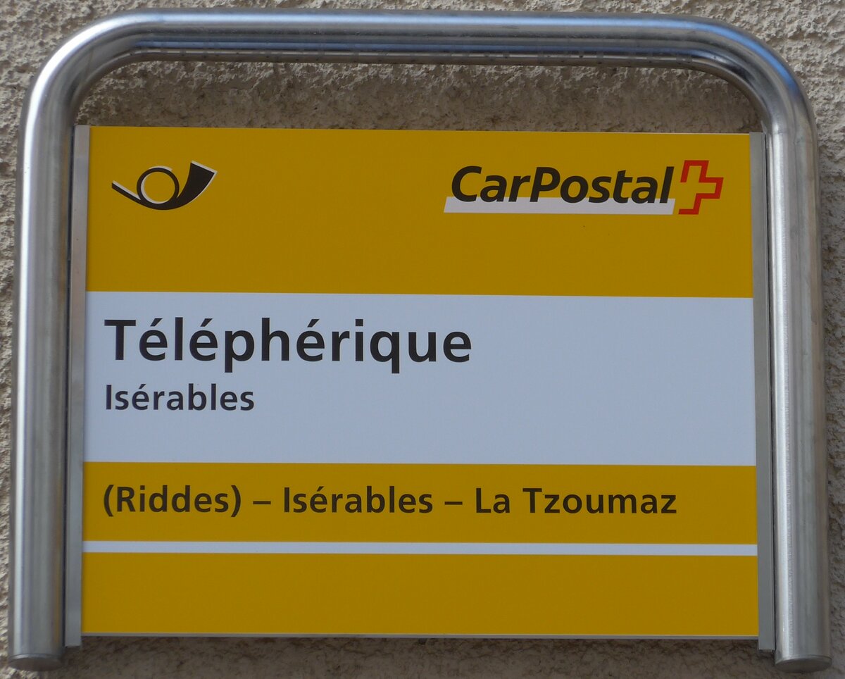(159'654) - PostAuto-Haltestellenschild - Is�rables, T�l�ph�rique - am 5. April 2015