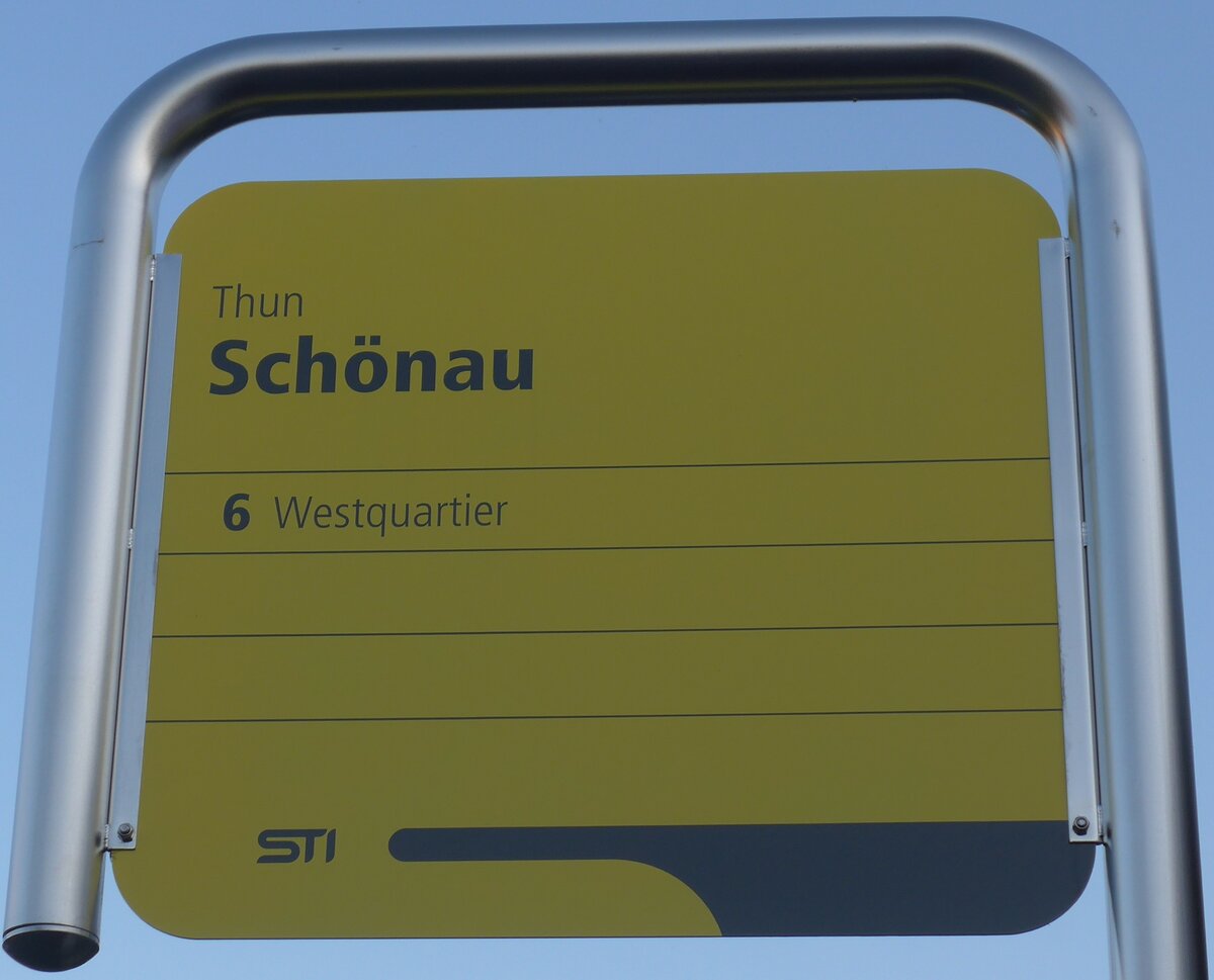 (159'927) - STI-Haltestellenschild - Thun, Sch�nau - am 12. April 2015