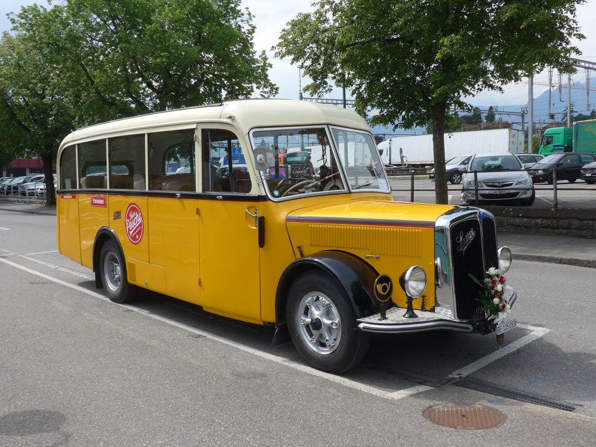 (160'727) - Blaser, Unterseen - BE 105'053 - Saurer/T�scher (ex Gessinger, Bad Ragaz) am 23. Mai 2015 bei der Schiffl�ndte Thun