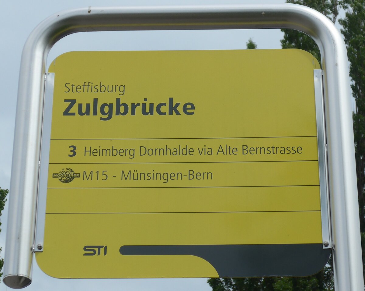 (160'728) - STI-Haltestellenschild - Steffisburg, Zulgbr�cke - am 23. Mai 2015
