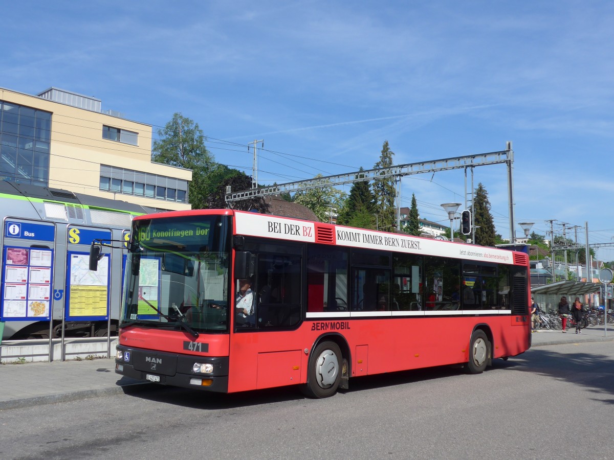 (161'247) - Bernmobil, Bern - Nr. 471/BE 427'471 - MAN/G�ppel (ex Peyer, Niederwangen Nr. 71) am 28. Mai 2015 beim Bahnhof Belp
