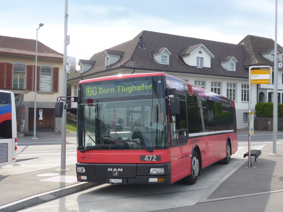 (161'433) - Bernmobil, Bern - Nr. 472/BE 716'472 - MAN/G�ppel (ex Peyer, Niederwangen Nr. 72) am 30. Mai 2015 beim Bahnhof M�nsingen