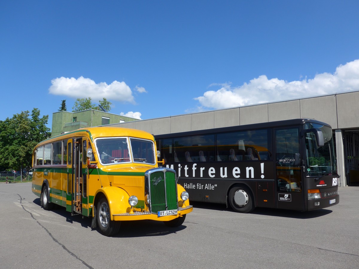 (162'547) - Hogenm�ller, Reutlingen - RT-LC 52H - Saurer/R&J (ex AvH Heimenschwand Nr. 1) + RSV Reutlingen - RT-EW 168 - Setra (ex AFA Adelboden Nr. 24; ex AFA Adelboden Nr. 11) am 24. Juni 2015 in Reutlingen, Betriebshof