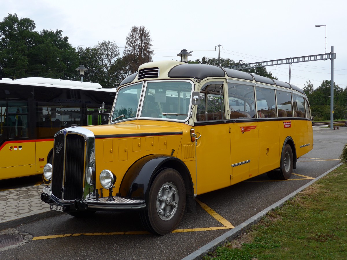 (164'618) - Museum f�r Kommunikation, Bern - BE 384'448 - Saurer/Eggli (ex P 23'135) am 13. September 2015 beim Bahnhof Schwarzenburg