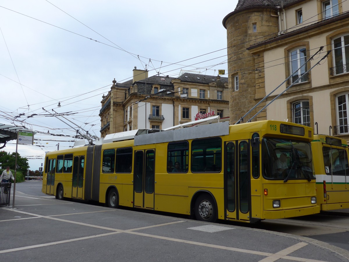 (164'791) - transN, La Chaux-de-Fonds - Nr. 118 - NAW/Hess Gelenktrolleybus (ex TN Neuch�tel Nr. 118) am 15. September 2015 in Neuch�tel, Place Pury