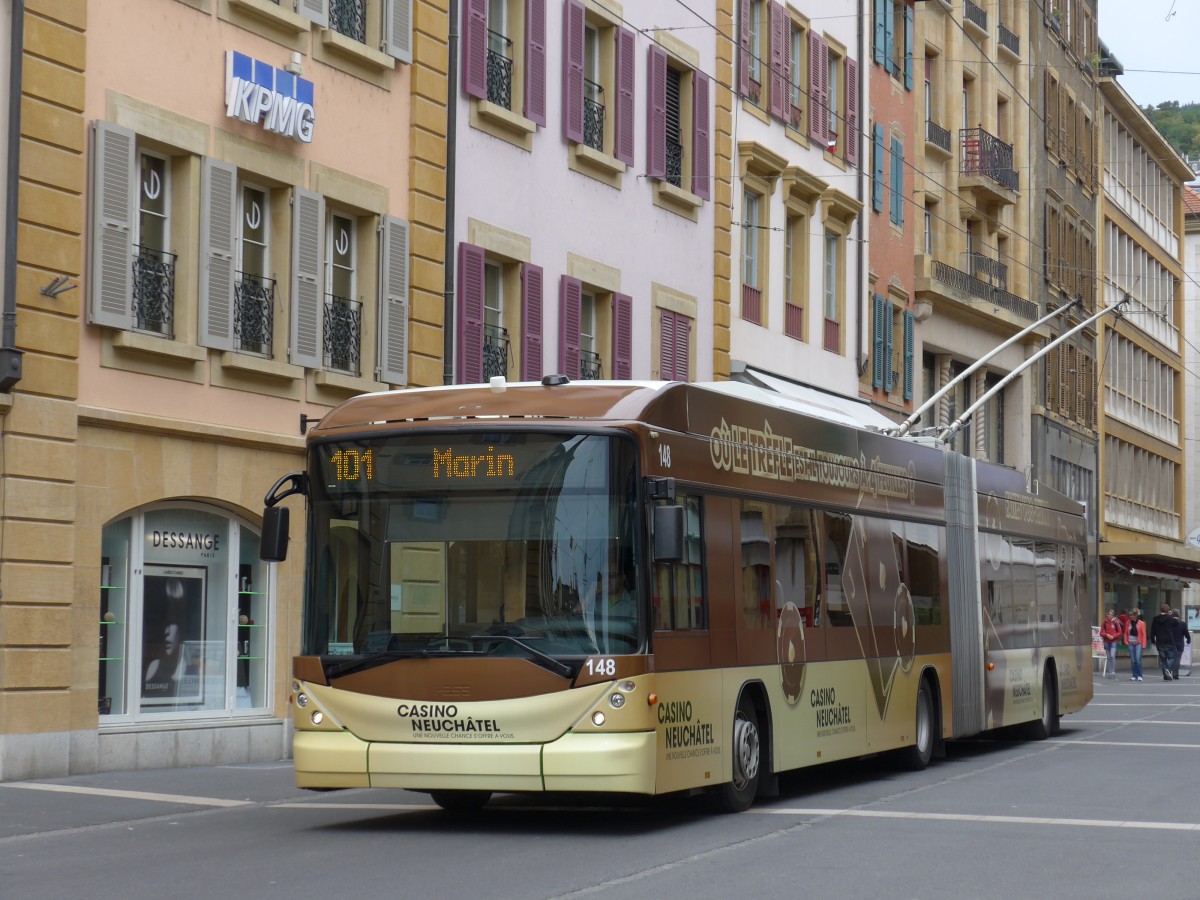 (164'804) - transN, La Chaux-de-Fonds - Nr. 148 - Hess/Hess Gelenktrolleybus (ex TN Neuch�tel Nr. 148) in 15. September 2015 in Neuch�tel, Place Pury