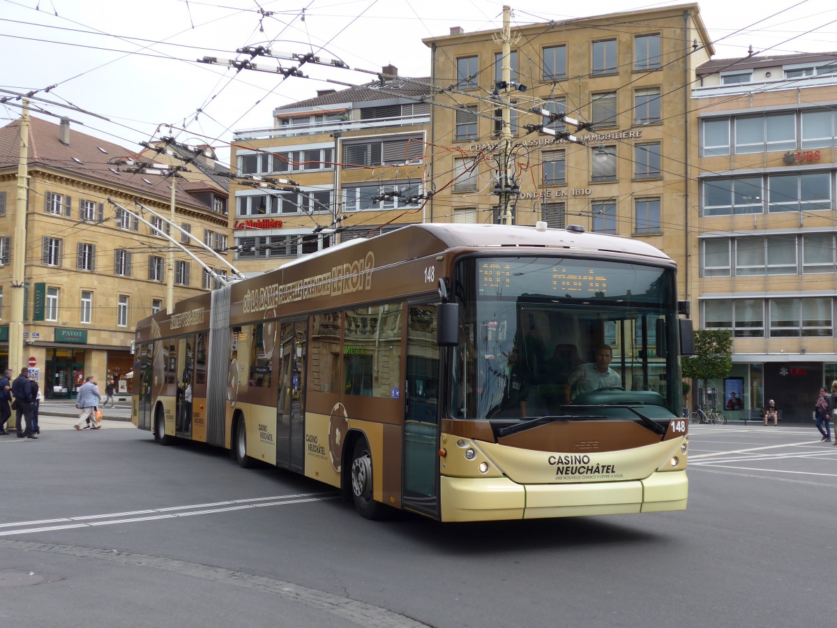 (164'806) - transN, La Chaux-de-Fonds - Nr. 148 - Hess/Hess Gelenktrolleybus (ex TN Neuch�tel Nr. 148) am 15. September 2015 in Neuch�tel, Place Pury