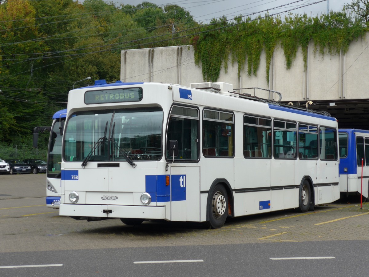 (165'075) - TL Lausanne - Nr. 758 - NAW/Lauber Trolleybus am 18. September 2015 in Lausanne, D�p�t Borde