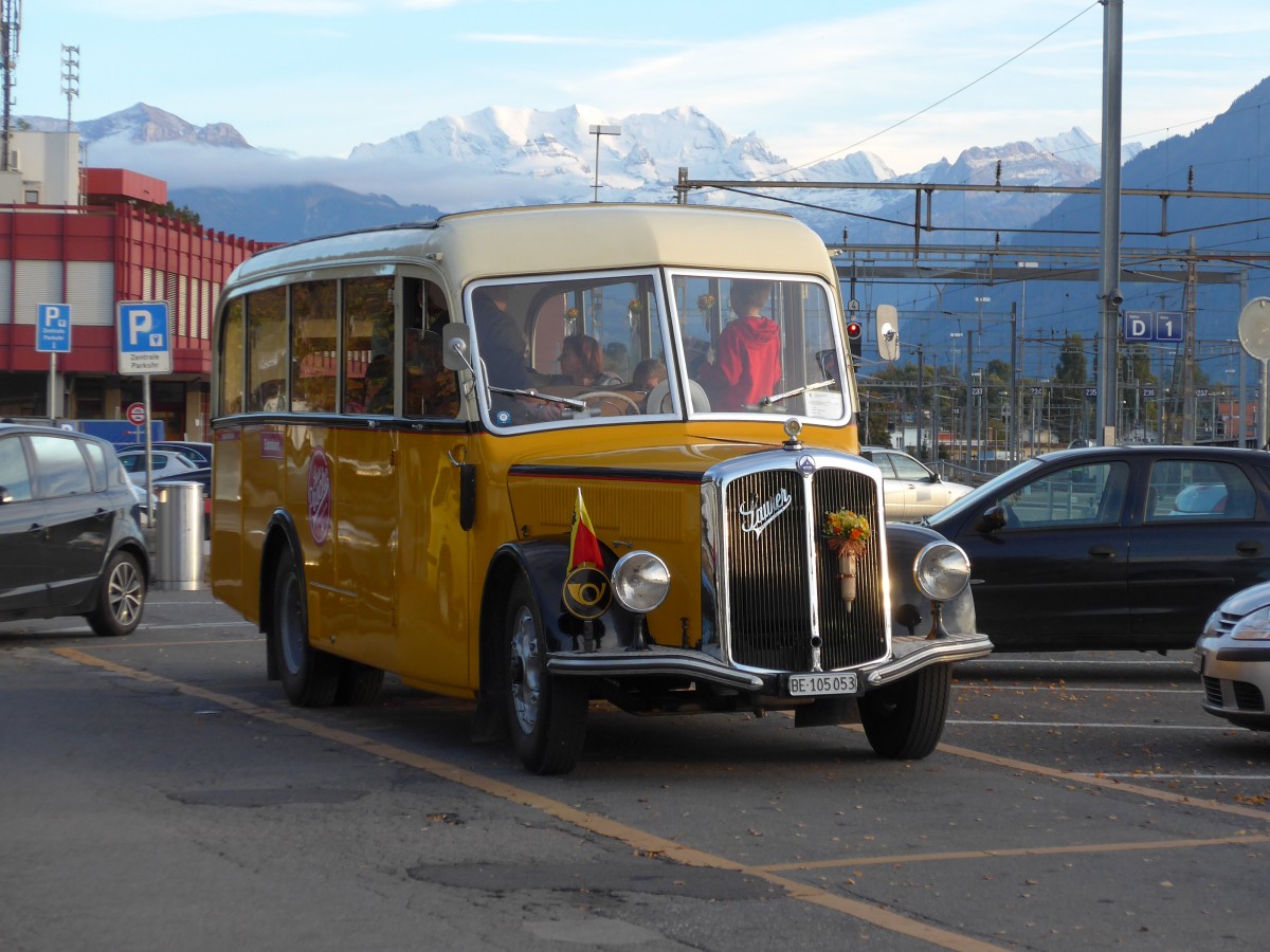 (166'054) - Blaser, Unterseen - BE 105'053 - Saurer/T�scher (ex Gessinger, Bad Ragaz) am 4. Oktober 2015 in Thun, CarTerminal