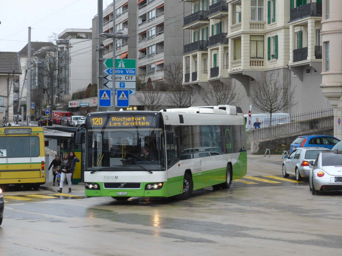 (168'785) - transN, La Chaux-de-Fonds - Nr. 214/NE 93'214 - Volvo (ex TN Neuch�tel Nr. 214) am 20. Februar 2016 beim Bahnhof Neuch�tel