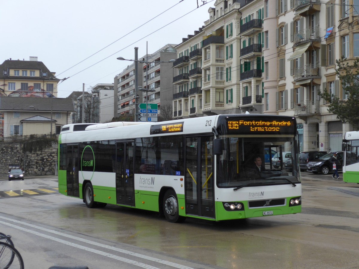 (168'788) - transN, La Chaux-de-Fonds - Nr. 212/NE 89'212 - Volvo (ex TN Neuch�tel Nr. 212) am 20. Februar 2016 beim Bahnhof Neuch�tel
