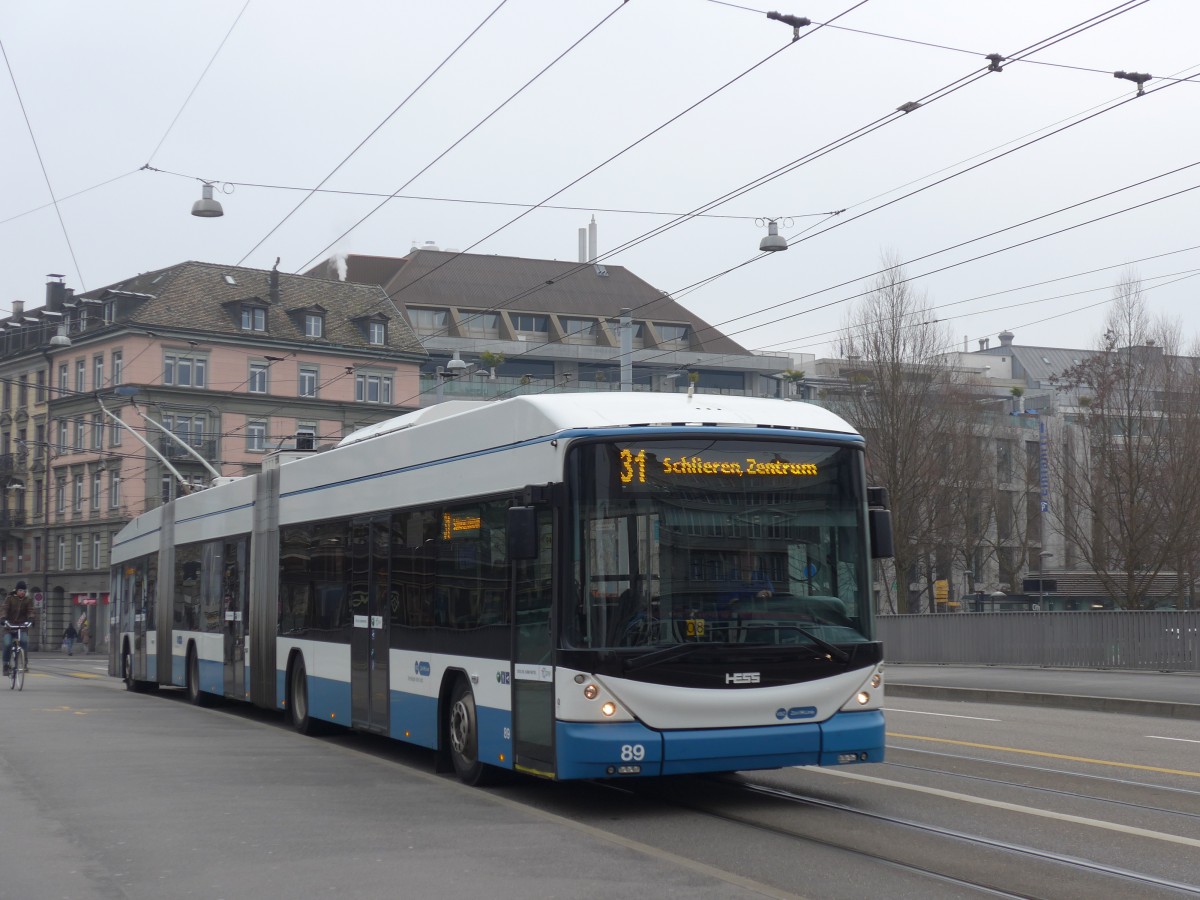 (168'943) - VBZ Z�rich - Nr. 89 - Hess/Hess Doppelgelenktrolleybus am 27. Februar 2016 in Z�rich, Gessnerbr�cke