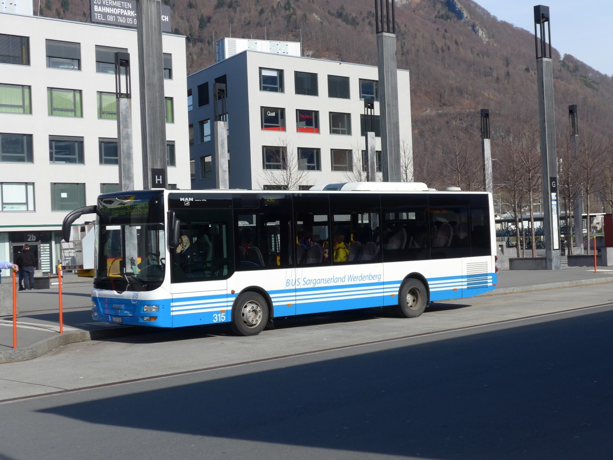 (168'944) - BSW Sargans - Nr. 315/SG 297'505 - MAN/G�ppel am 27. Februar 2016 beim Bahnhof Sargans