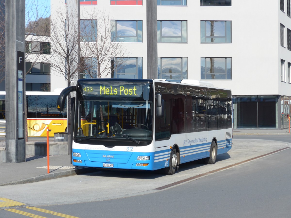 (168'946) - BSW Sargans - Nr. 312/SG 297'504 - MAN/G�ppel am 27. Februar 2015 beim Bahnhof Sargans