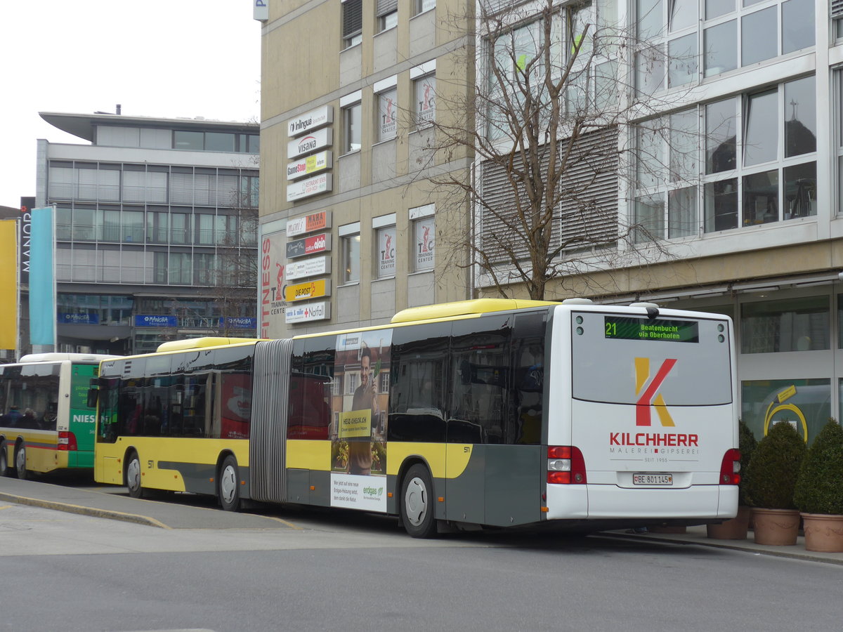 (169'226) - STI Thun - Nr. 145/BE 801'145 - MAN am 13. M�rz 2016 beim Bahnhof Thun
