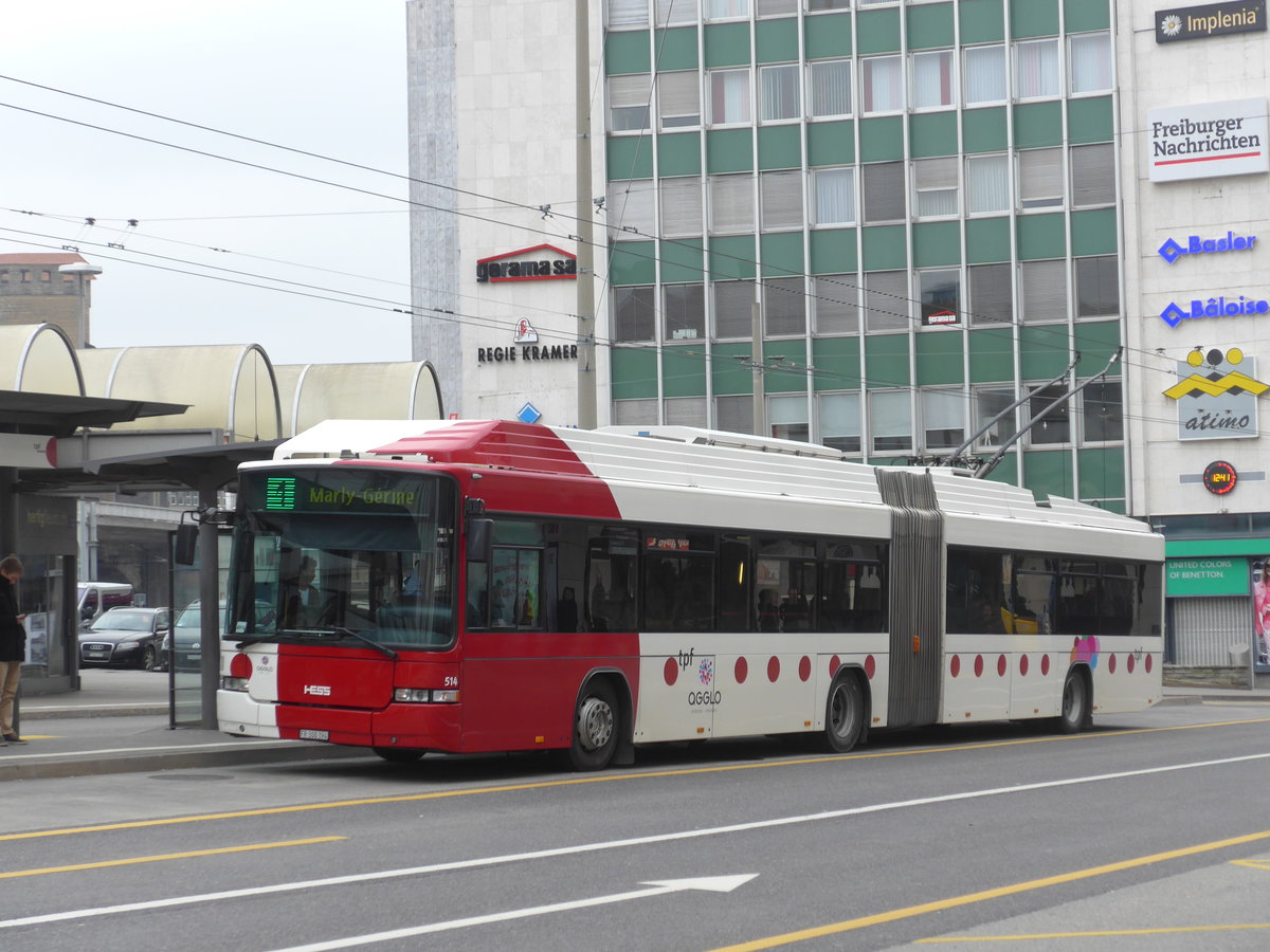 (169'230) - TPF Fribourg - Nr. 514/FR 300'394 - MAN/Hess Gelenkduobus am 13. M�rz 2016 beim Bahnhof Fribourg