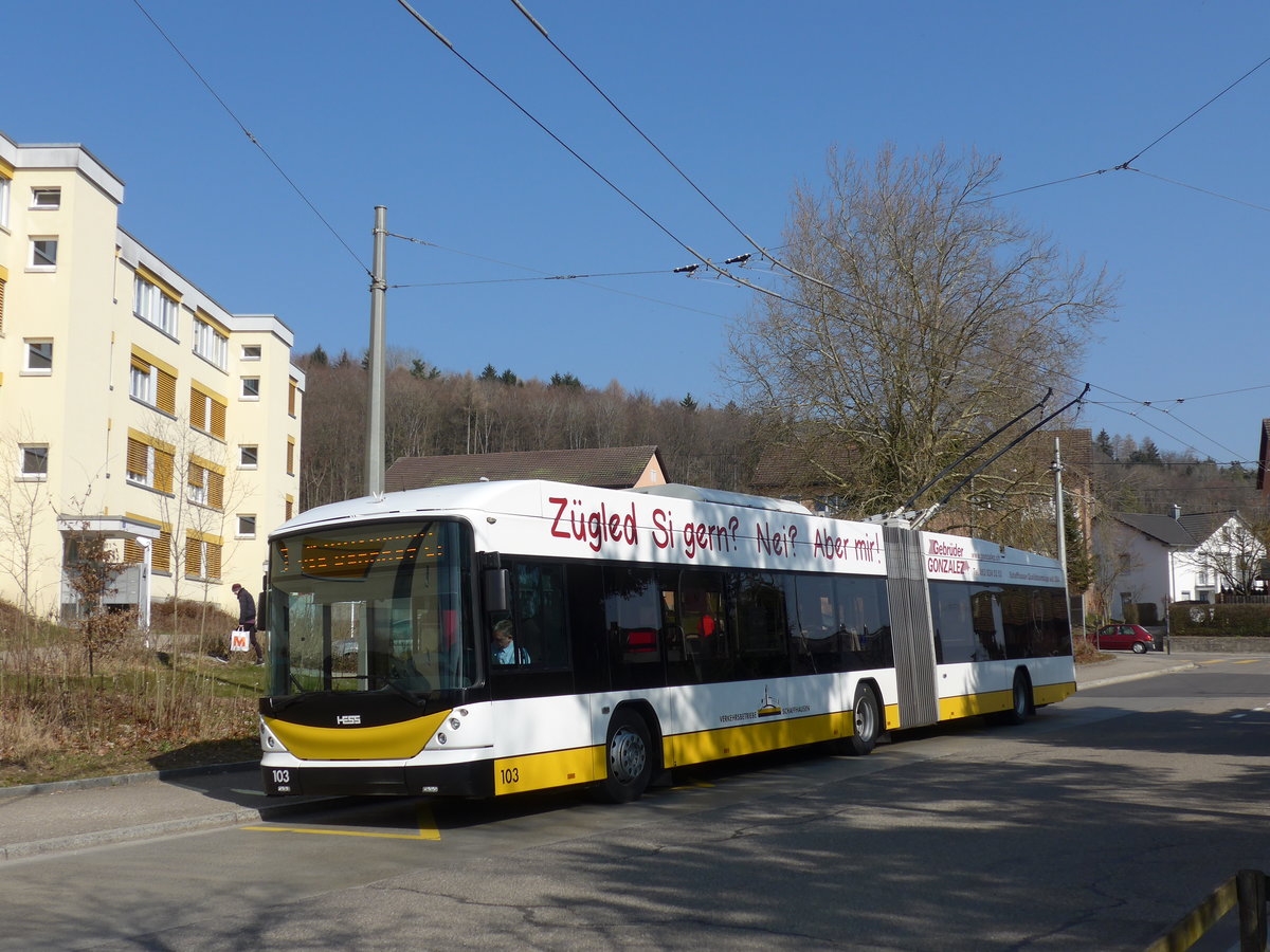 (169'261) - VBSH Schaffhausen - Nr. 103 - Hess/Hess Gelenktrolleybus am 19. M�rz 2016 in Neuhausen, Herbst�cker