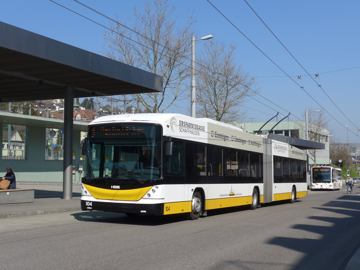 (169'296) - VBSH Schaffhausen - Nr. 104 - Hess/Hess Gelenktrolleybus am 19. M�rz 2016 beim Bahnhof Schaffhausen