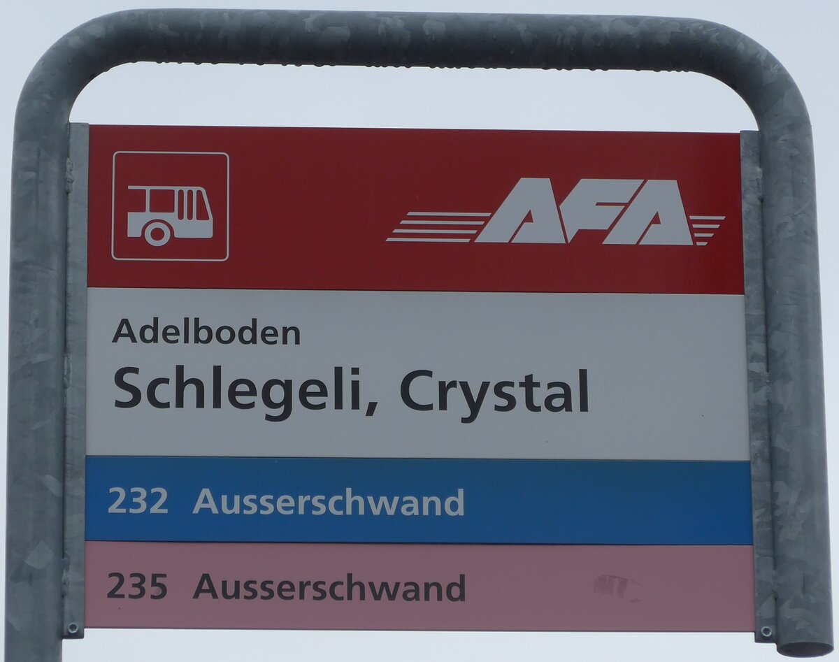 (169'522) - AFA-Haltestellenschild - Adelboden, Schlegeli, Crystal - am 27. M�rz 2016