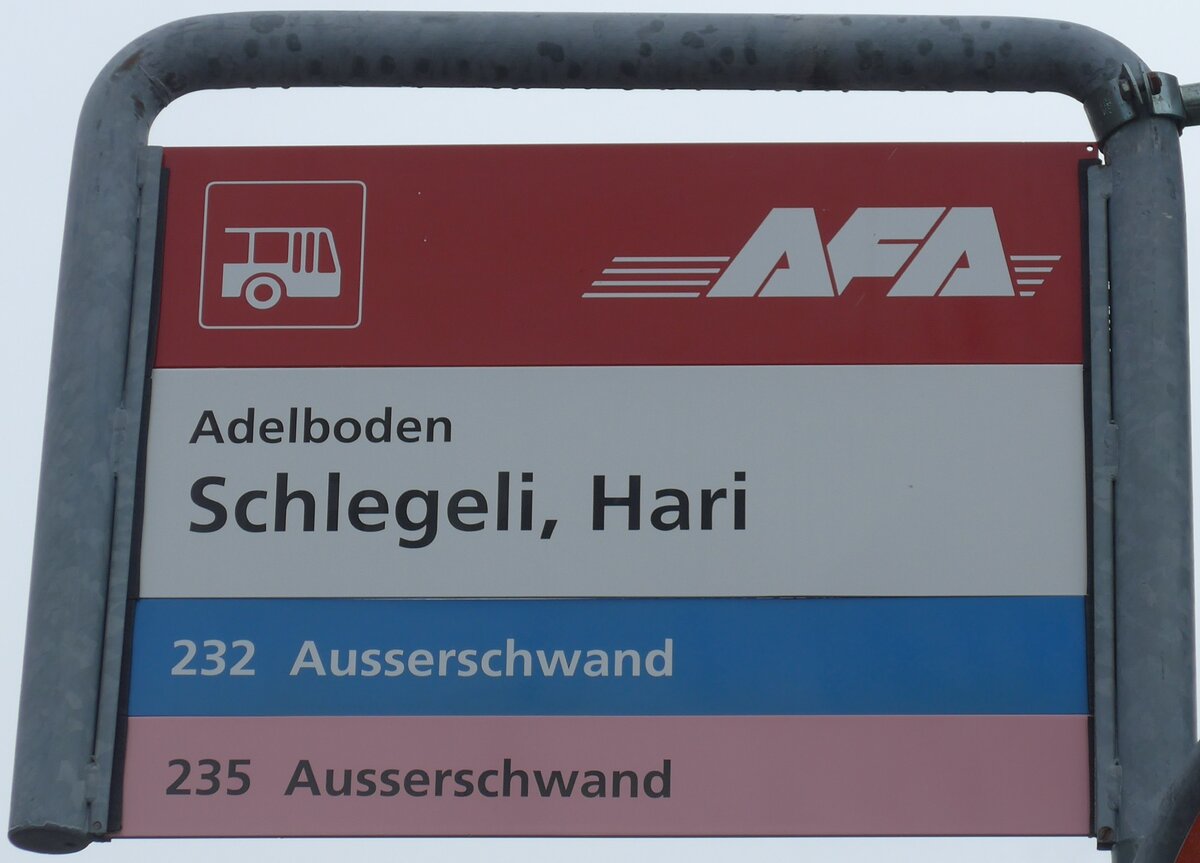 (169'524) - AFA-Haltestellenschild - Adelboden, Schlegeli, Hari - am 27. M�rz 2016