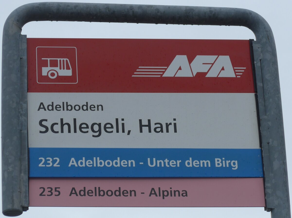 (169'525) - AFA-Haltestellenschild - Adelboden, Schlegeli, Hari - am 27. M�rz 2016