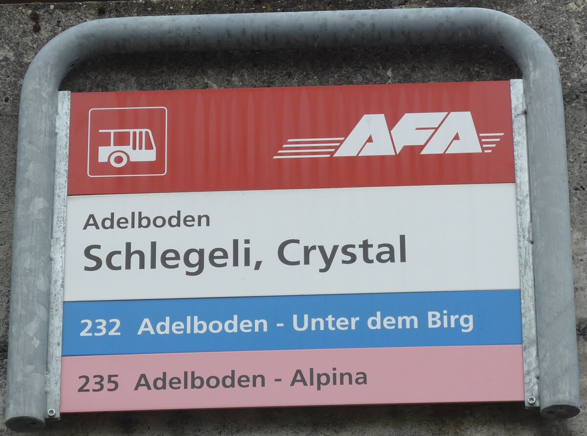 (169'526) - AFA-Haltestellenschild - Adelboden, Schlegeli, Crystal - am 27. M�rz 2016
