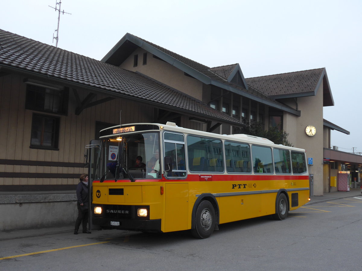 (169'628) - Bernair, M�nsingen - BE 651'182 - Saurer/T�scher (ex Schebath, Lauerz; ex Albin, F�llanden; ex Heim, Flums) am 2. April 2016 beim Bahnhof Konolfingen