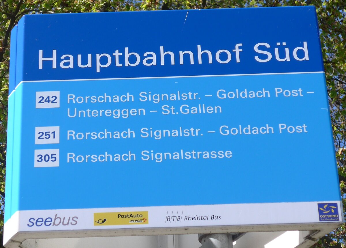 (169'944) - seebus/PostAuto/RTB-Haltestellenschild - Rorschach, Hauptbahnhof S�d - am 12. April 2016