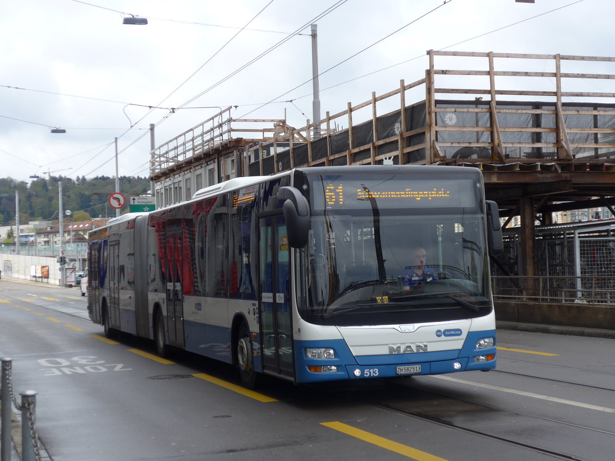 (169'996) - VBZ Z�rich - Nr. 513/ZH 582'513 - MAN am 14. April 2016 beim Bahnhof Z�rich-Oerlikon