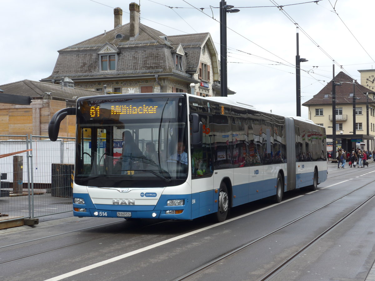 (169'999) - VBZ Z�rich - Nr. 514/ZH 649'514 - MAN am 14. April 2016 beim Bahnhof Z�rich-Oerlikon