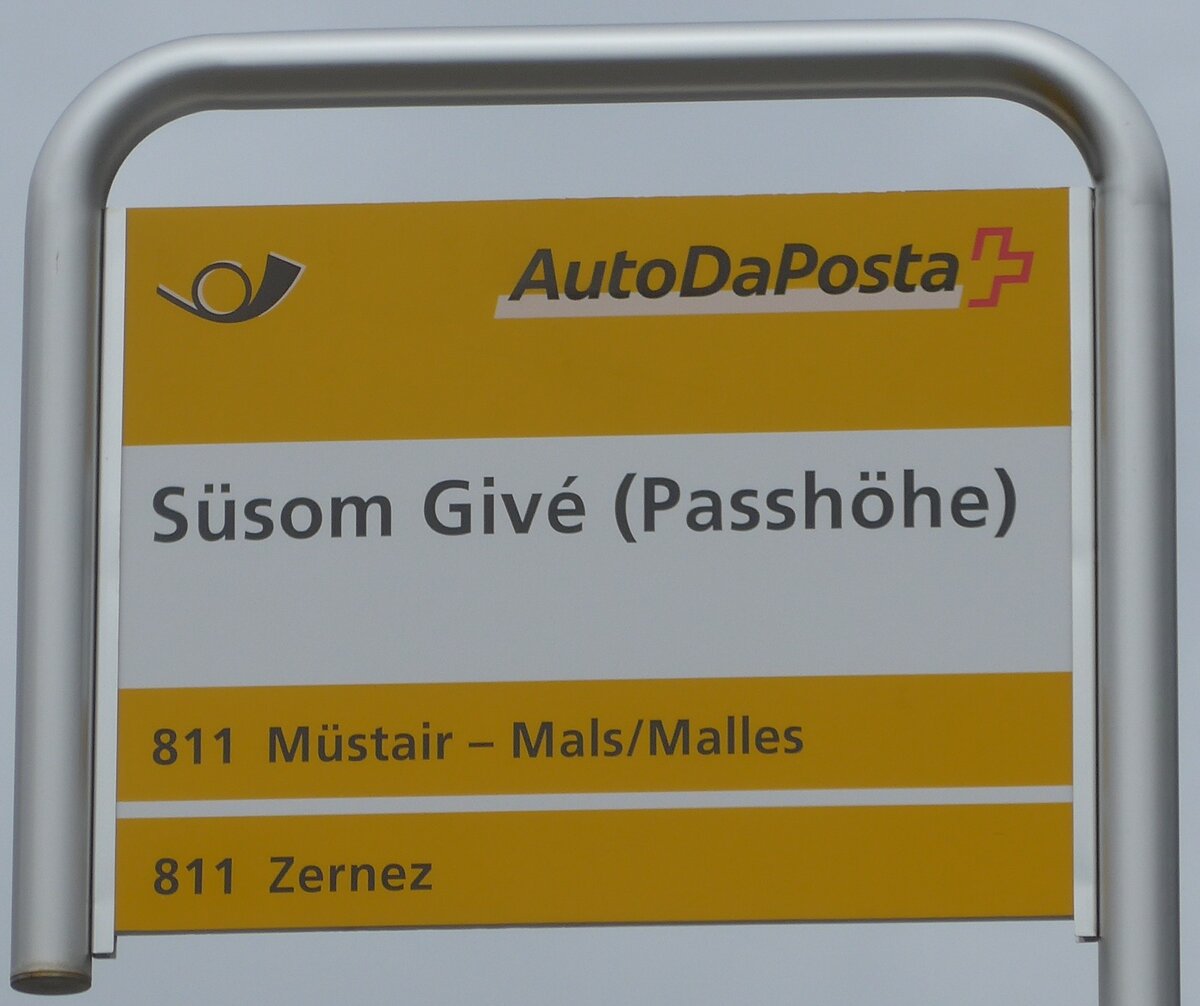 (170'898) - PostAuto-Haltestellenschild - S�som Giv� (Passh�he) - am 16. Mai 2016