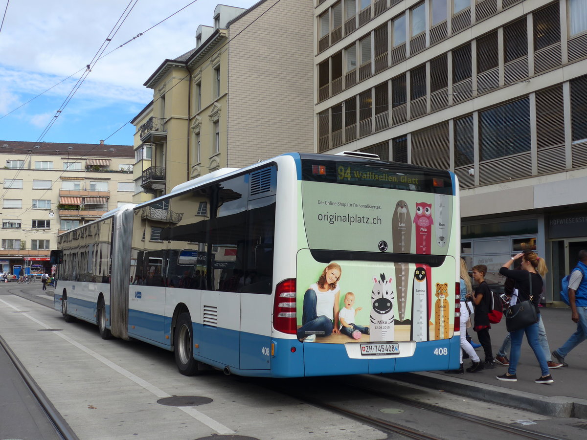 (174'642) - VBZ Z�rich - Nr. 408/ZH 745'408 - Mercedes am 5. September 2016 beim Bahnhof Z�rich-Oerlikon