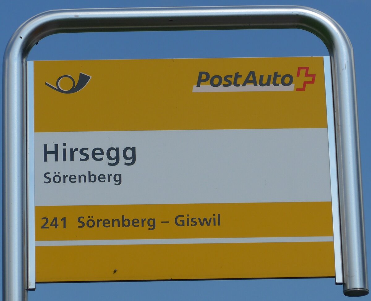 (174'866) - PostAuto-Haltestellenschild - S�renberg, Hirsegg - am 11. September 2016