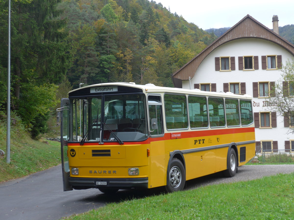 (175'364) - Schmid, Th�rishaus - BE 26'206 - Saurer/T�scher (ex P 24'244) am 2. Oktober 2016 in Schelten, Restaurant Scheltenm�hle