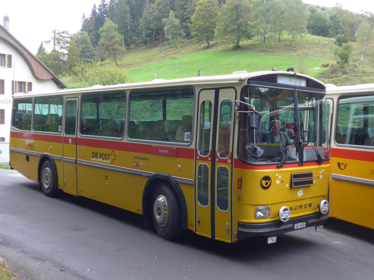 (175'365) - F�ssler, Unteriberg - Nr. 6/SZ 5232 - Saurer/R&J (ex Sch�rch, Gutenburg Nr. 6; ex P 24'358) am 2. Oktober 2016 in Schelten, Restaurant Scheltenm�hle
