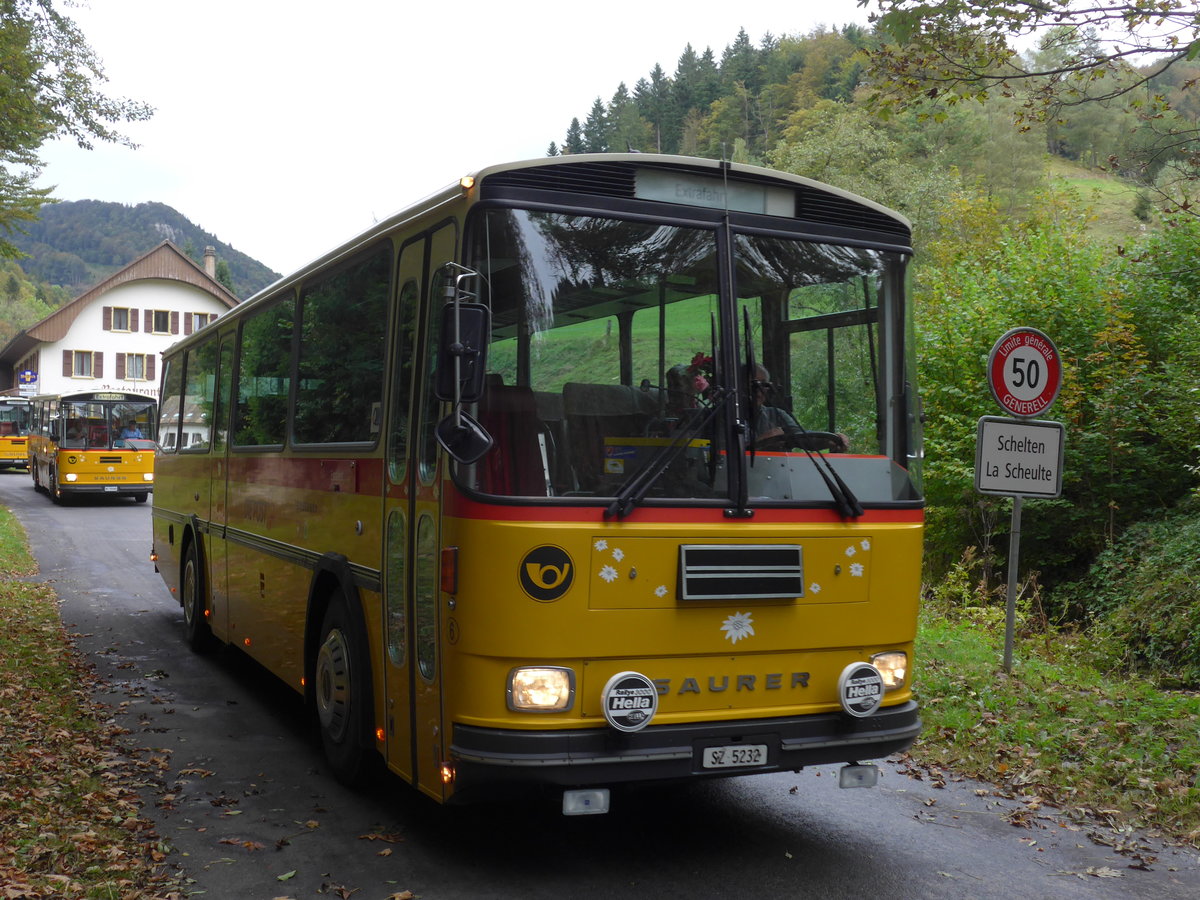 (175'368) - F�ssler, Unteriberg - Nr. 6/SZ 5232 - Saurer/R&J (ex Sch�rch, Gutenburg Nr. 6; ex P 24'358) am 2. Oktober 2016 in Schelten, Restaurant Scheltenm�hle