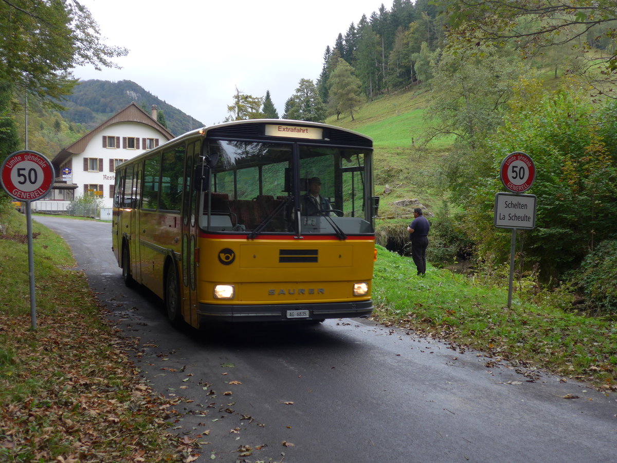 (175'371) - Gautschi, Suhr - AG 6835 - Saurer/T�scher (ex L�tscher, Neuheim Nr. 200; ex Cartek, Regensdorf; ex P 25'822) am 2. Oktober 2016 in Schelten, Restaurant Scheltenm�hle