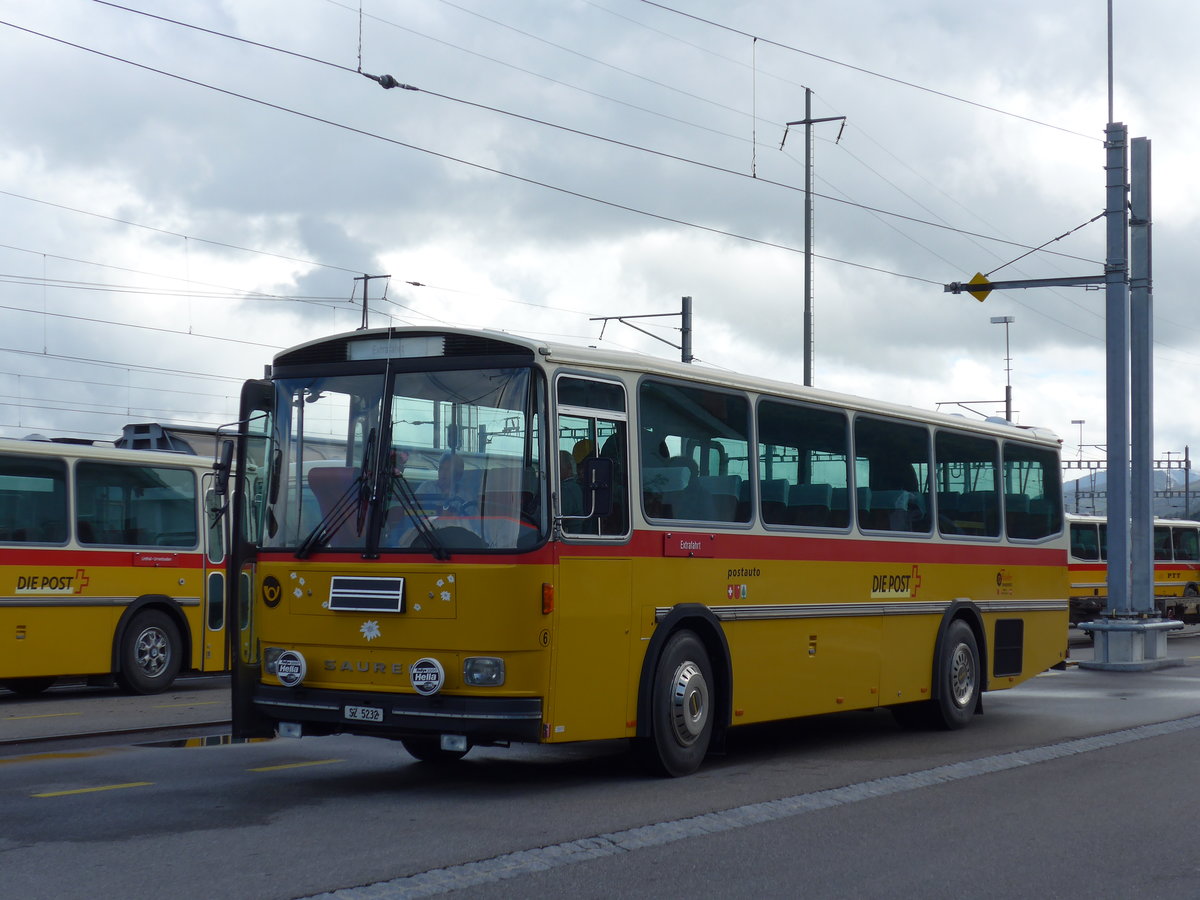(175'376) - F�ssler, Unteriberg - Nr. 6/SZ 5232 - Saurer/R&J (ex Sch�rch, Gutenburg Nr. 6; ex P 24'358) am 2. Oktober 2016 beim Bahnhof Glovelier