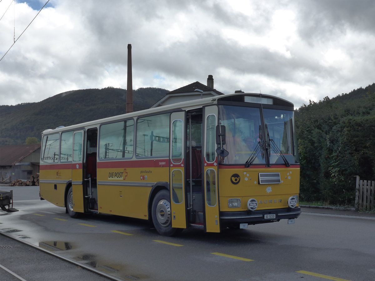 (175'378) - F�ssler, Unteriberg - Nr. 6/SZ 5232 - Saurer/R&J (ex Sch�rch, Gutenburg Nr. 6; ex P 24'358) am 2. Oktober 2016 beim Bahnhof Glovelier