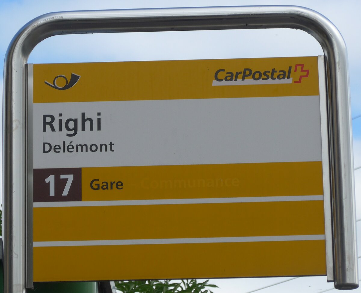 (175'507) - PostAuto-Haltestellenschild - Del�mont, Righi - am 7. Oktober 2016